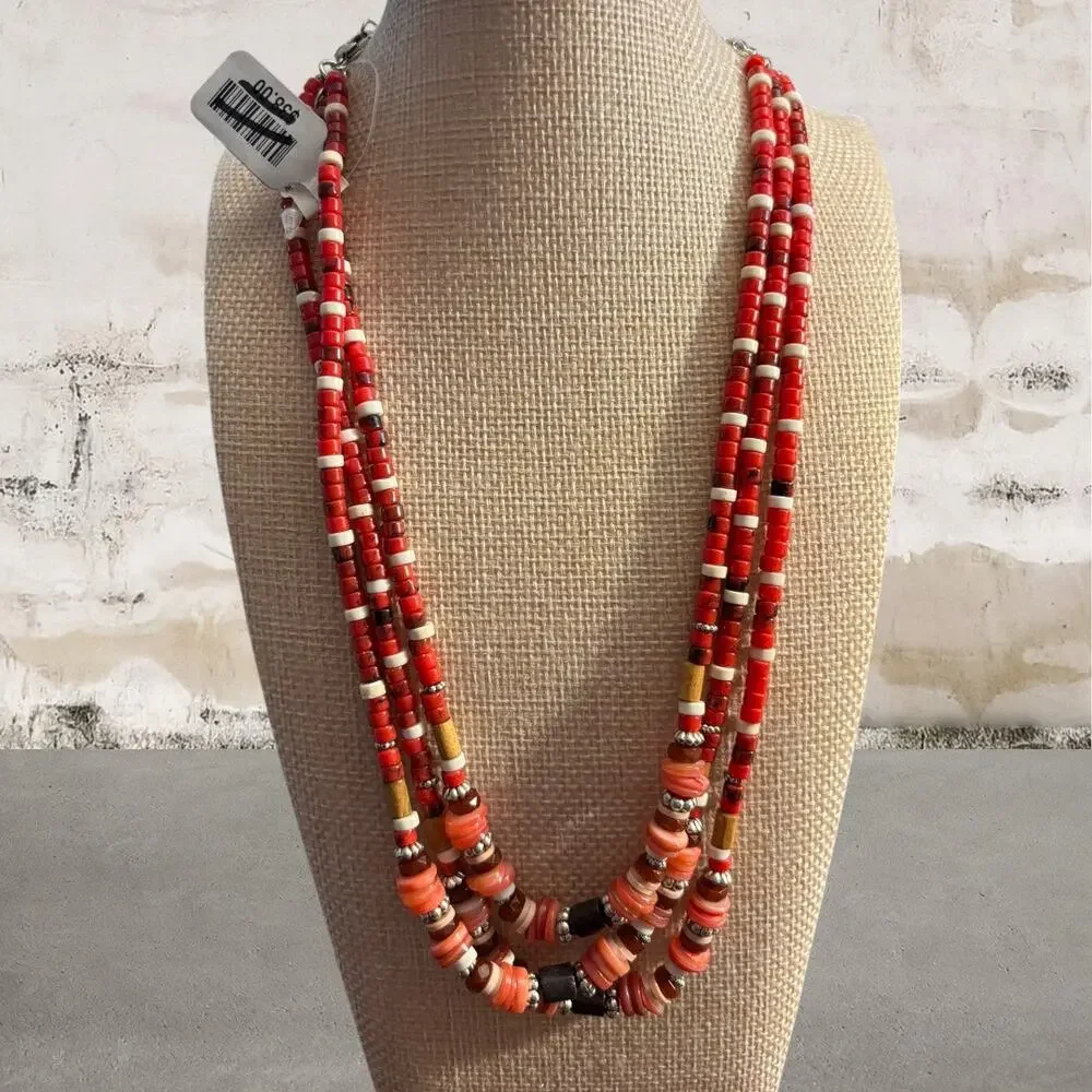 Free People Red Multi Strand Beaded Layered Necklace NWT